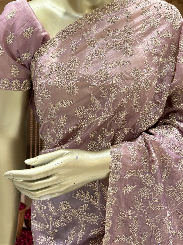 Organza Silk Thread & Sequin Floral Embroidered Saree with Blouse Piece in Light pink