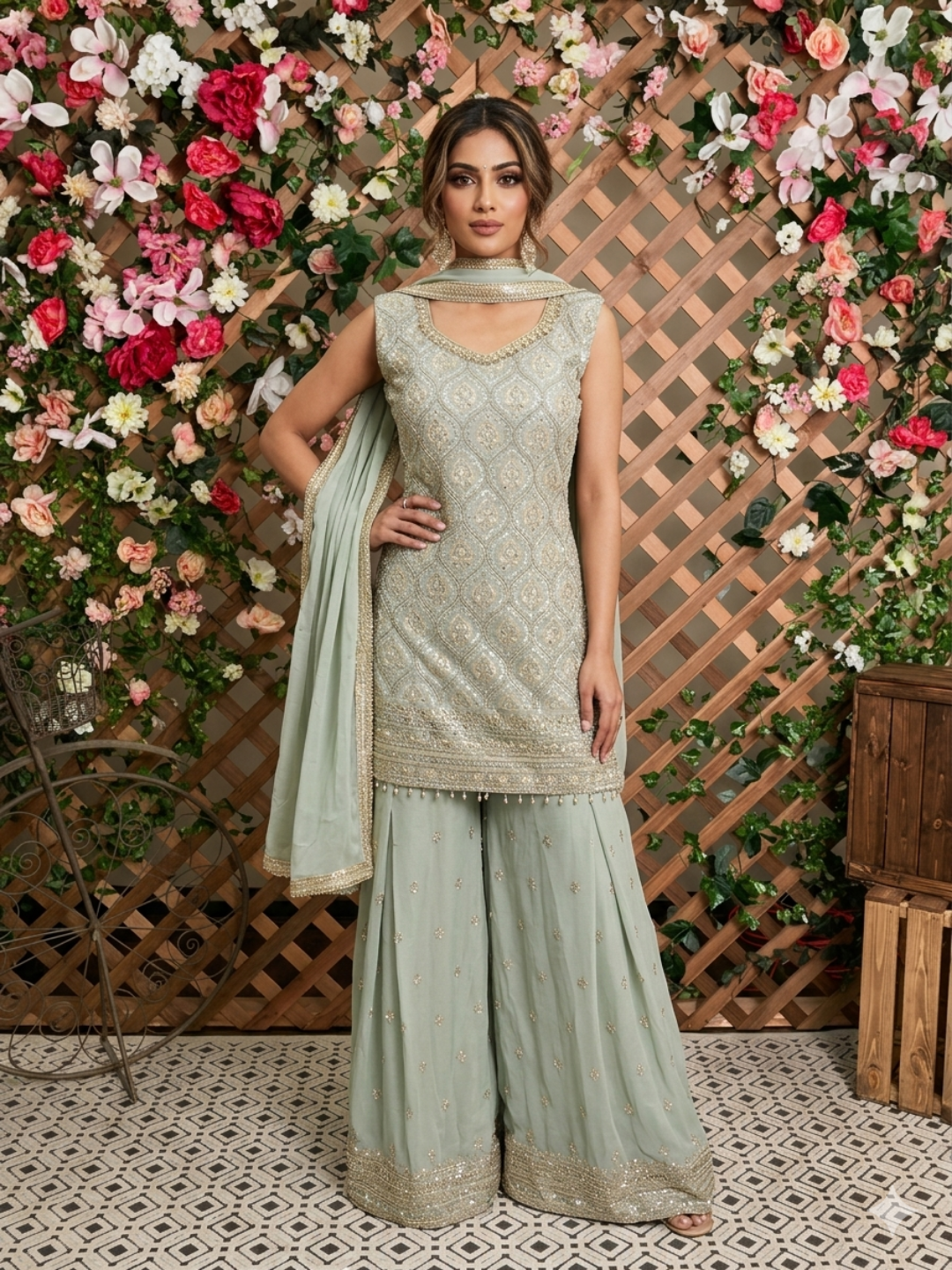 Sequinned Resham Embroidered Georgette Kurta with Sharara and Dupatta with Geometric Jaal Pattern