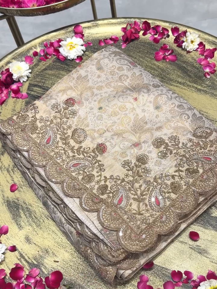 Banarasi Silk Zari Woven & Kundan Embroidered Scalloped Border Saree in Cream