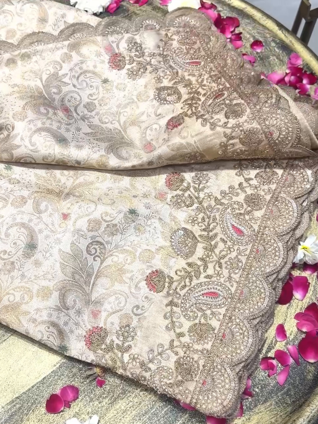 Banarasi Silk Zari Woven & Kundan Embroidered Scalloped Border Saree in Cream