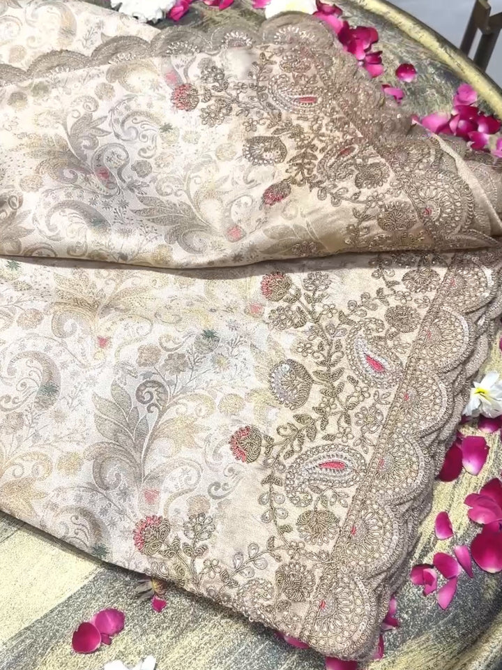 Banarasi Silk Zari Woven & Kundan Embroidered Scalloped Border Saree in Cream