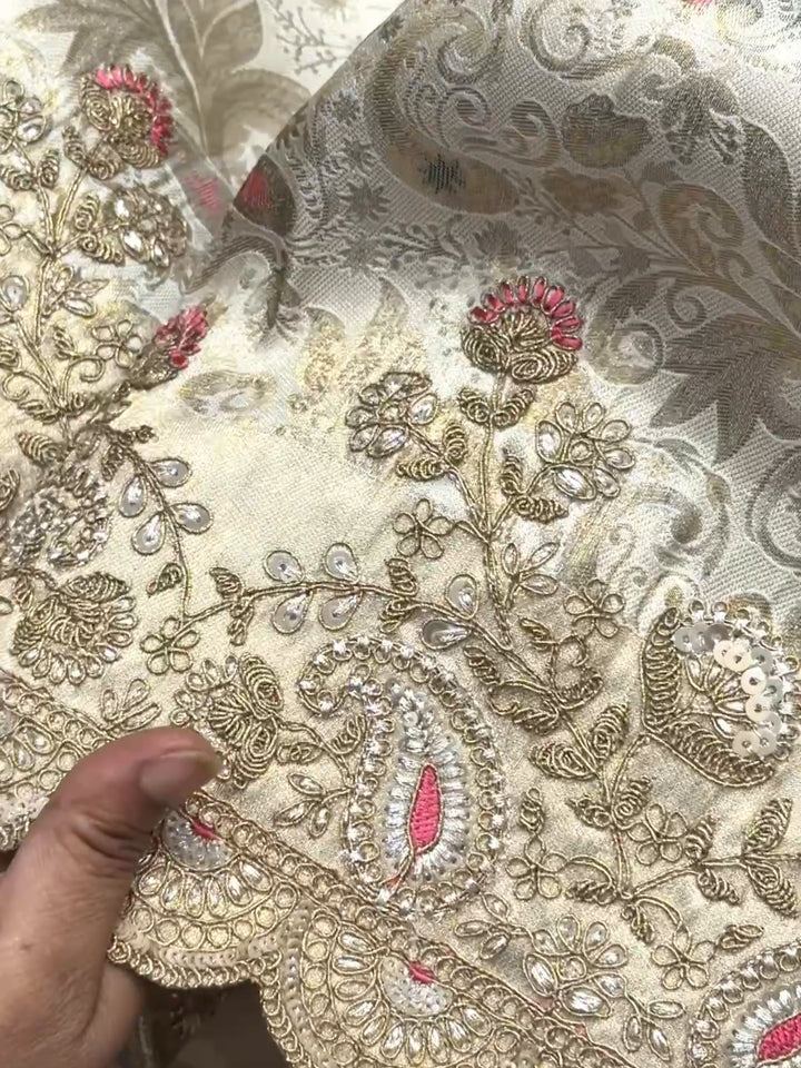 Banarasi Silk Zari Woven & Kundan Embroidered Scalloped Border Saree in Cream