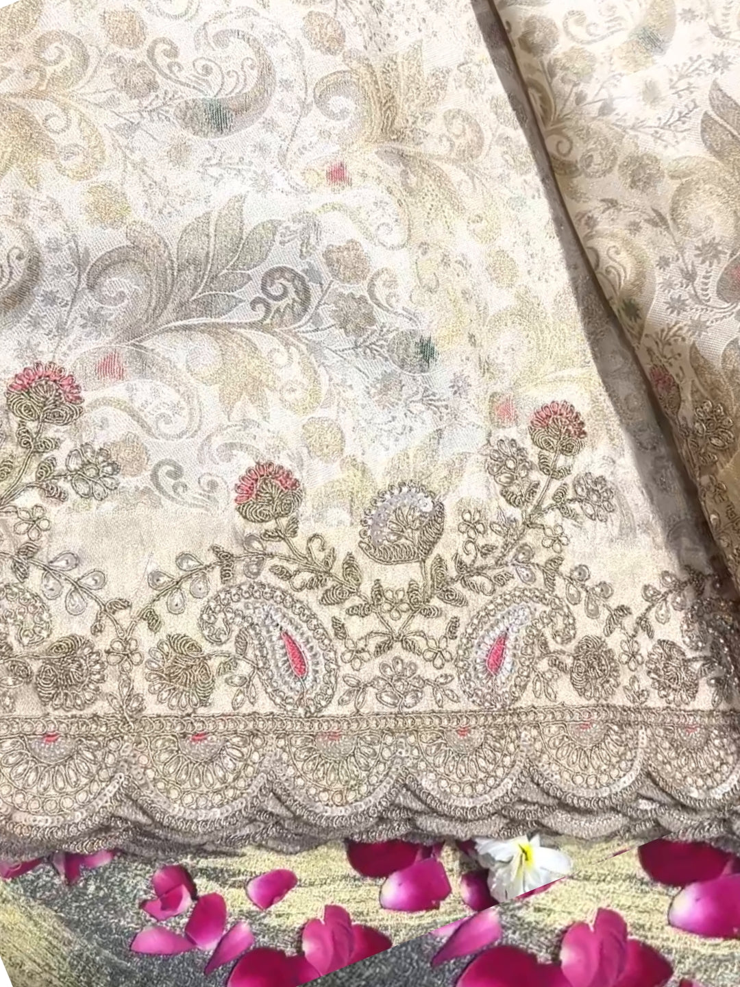 Banarasi Silk Zari Woven & Kundan Embroidered Scalloped Border Saree in Cream