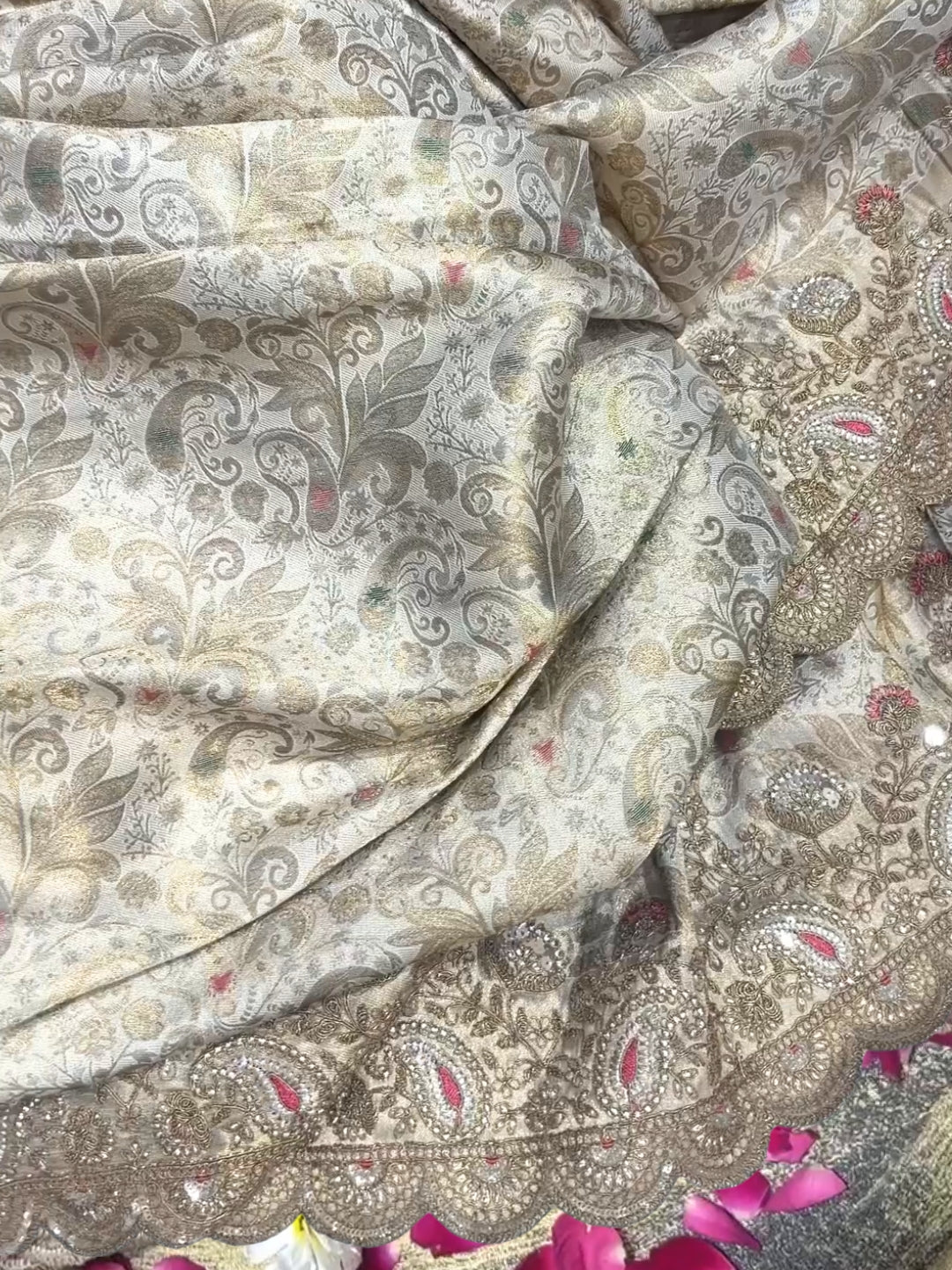 Banarasi Silk Zari Woven & Kundan Embroidered Scalloped Border Saree in Cream