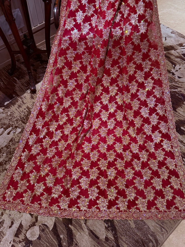 Red Net Saree with Dense Gold Floral Zari, Sequin & Bead Embroidery, Scallop Border