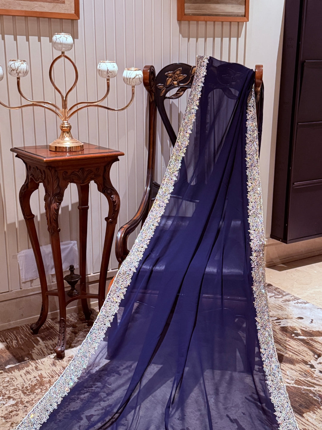Navy Blue Georgette Saree with Silver Pastel Sequin Floral Embroidered Broad Border