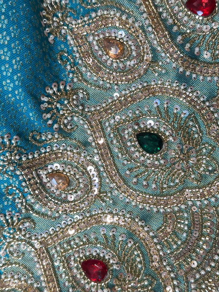 Heavy Saree with Pearl &amp; Stone Embellished Stitched Blouse Sky Blue