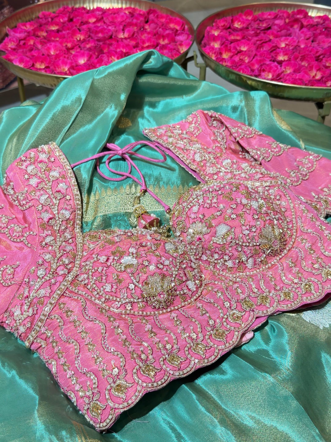 Banarasi Silk Heavy Zari Woven Floral Jaal Saree with Heavy Zari & Sequin Embroidered Blouse