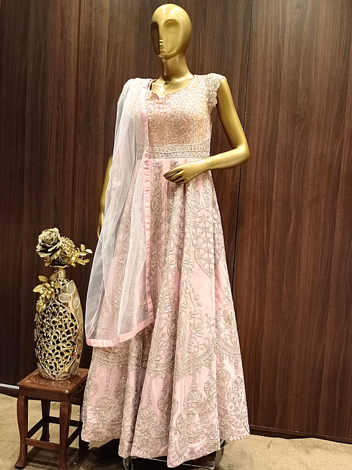 Rose Gold Gotta Patti Heavy Anarkali with Sequence Embroidery & Ethnic Motifs