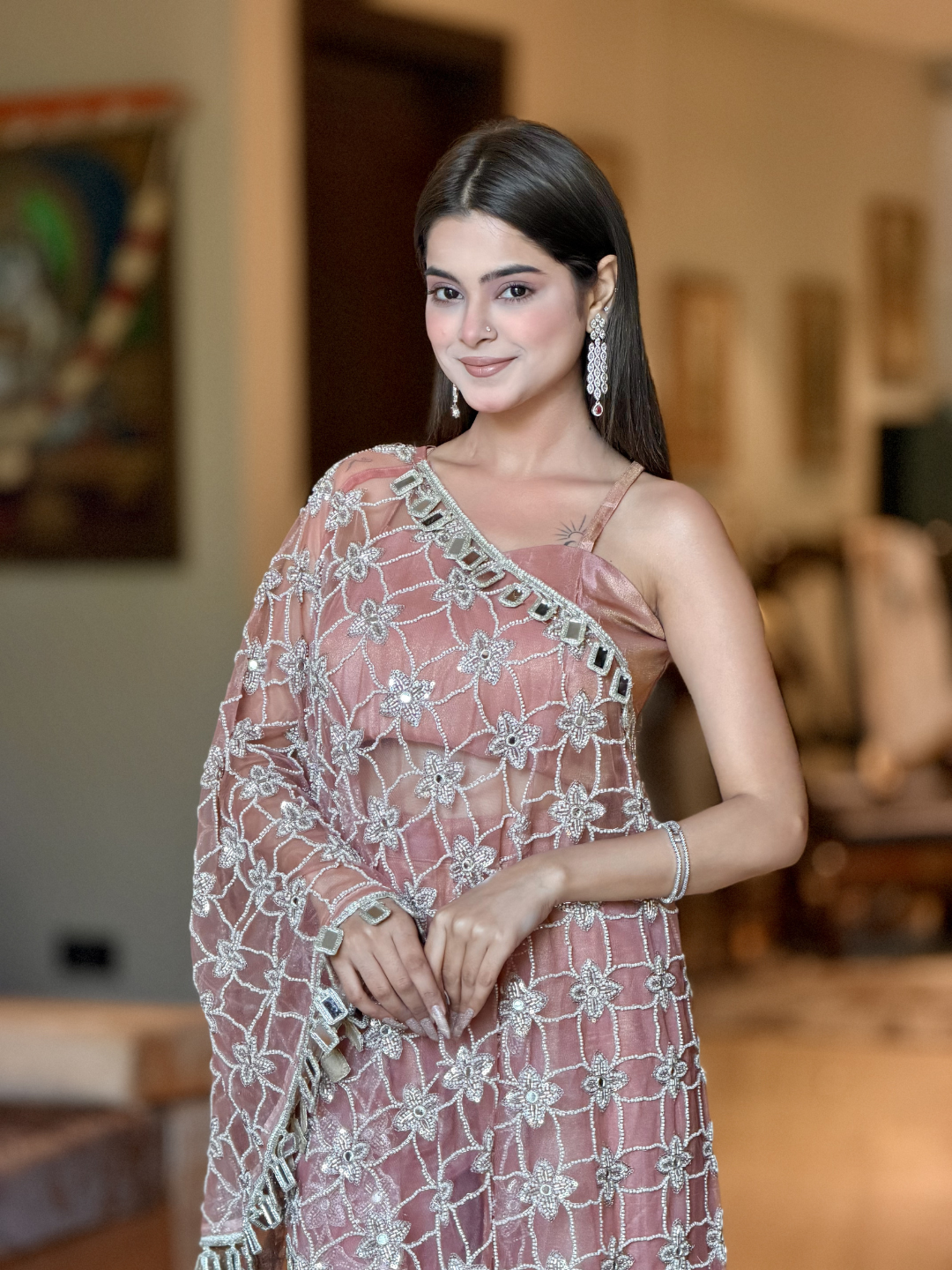 Dusty Rose Net One-Shoulder Dress with Pearl, Cutdana & Mirror Floral Jaal Embroidery with Square Mirror Tassel Border