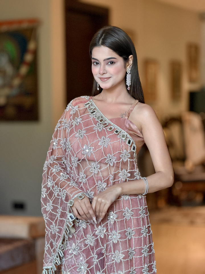 Dusty Rose Net One-Shoulder Dress with Pearl, Cutdana & Mirror Floral Jaal Embroidery with Square Mirror Tassel Border