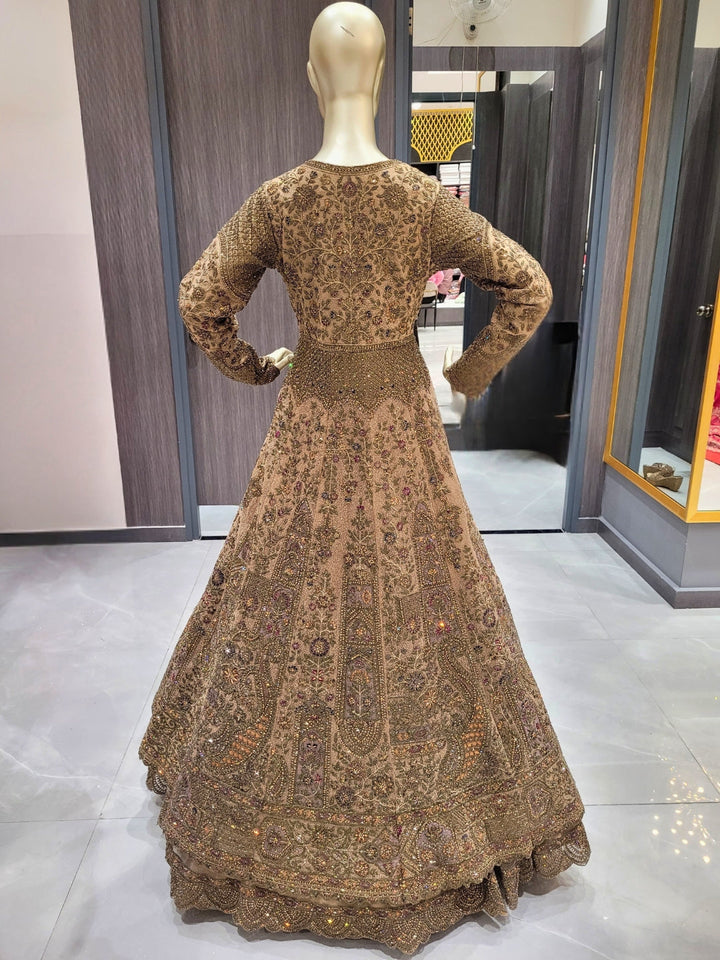 Antique Gold Zardozi Embroidered Long Jacket Gown with Intricate Detailing