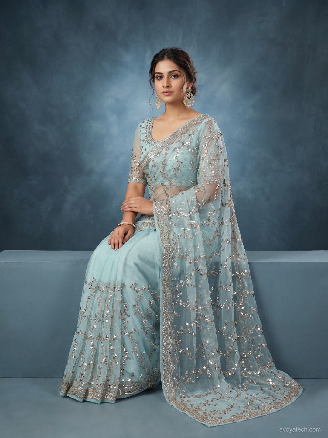 Sequin Embroidered Net Saree with Unstitched Blouse Piece in Sky Blue