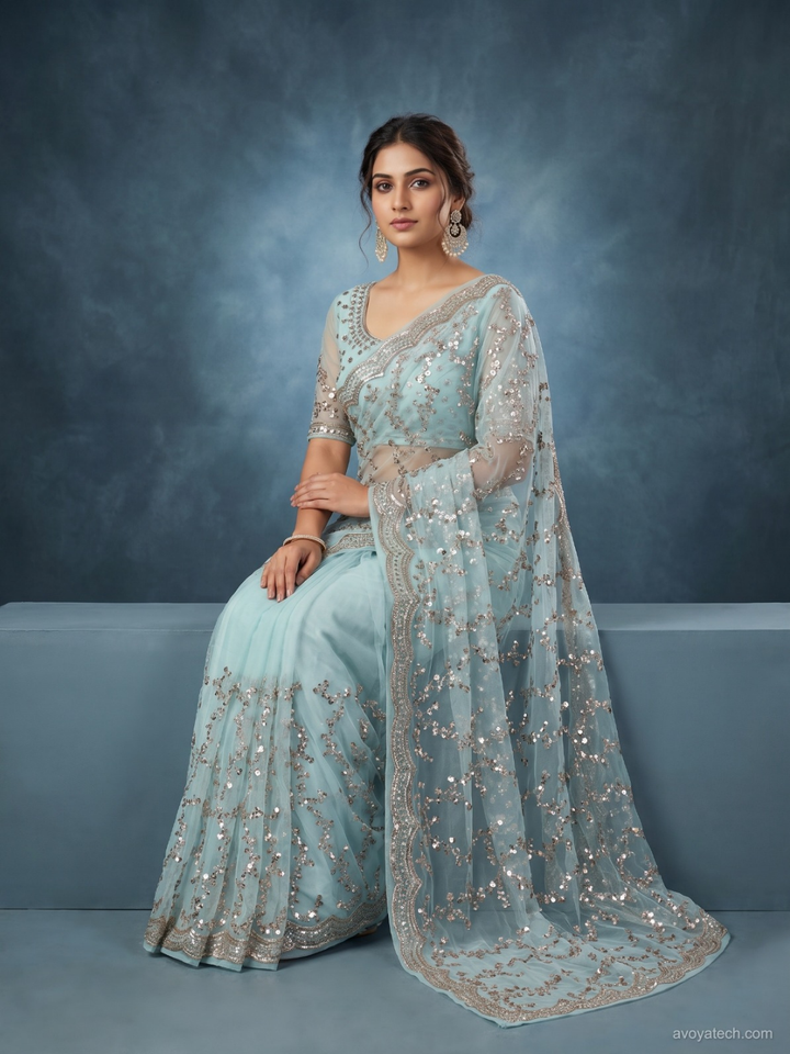 Sequin Embroidered Net Saree with Unstitched Blouse Piece in Sky Blue