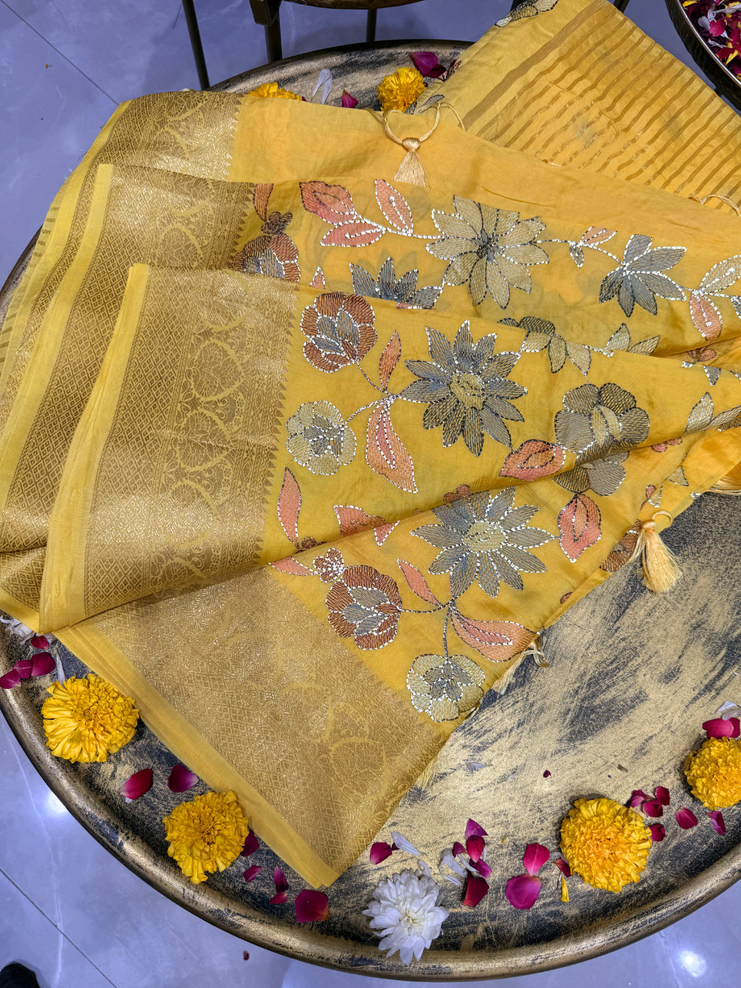 Banarasi Silk Saree with Floral Embroidery and Zari Woven Border