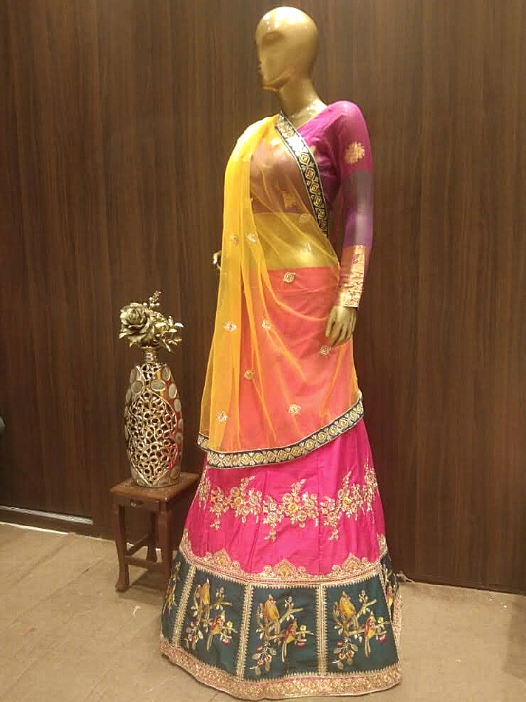 Fushcia Semi-Stitched Lehenga with Contrast Dupatta & Blouse With Placement  Embroidery