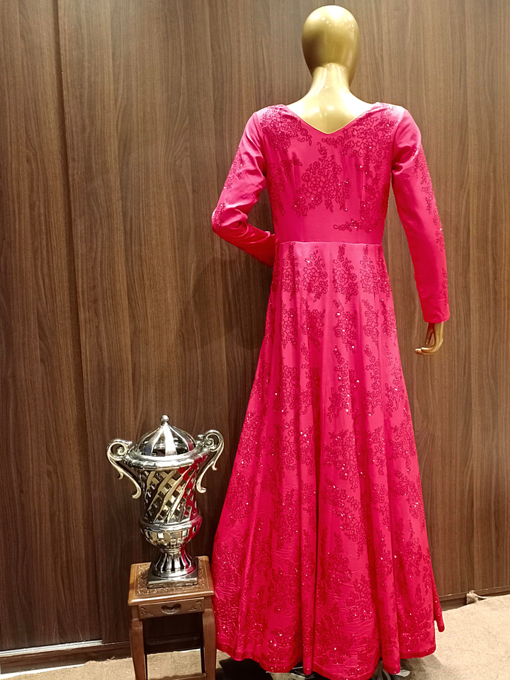 Fuchsia Pink Flared Crepe Gown with Tonal Swarovski Crystal Embellishments