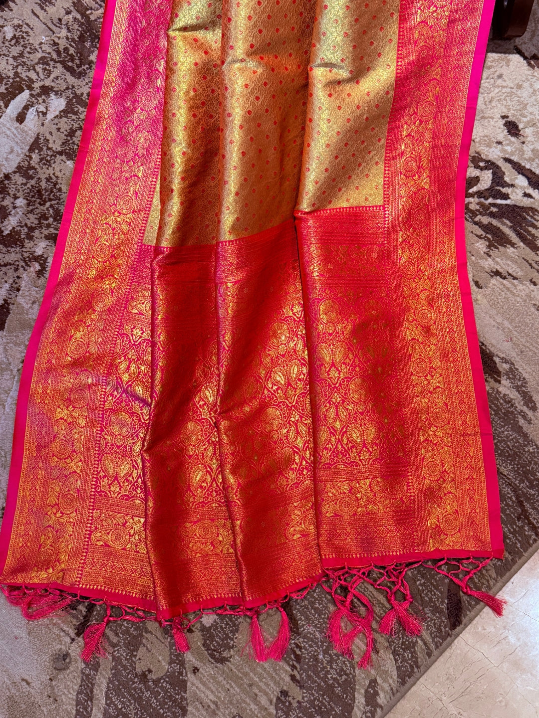 Golden Pink Zari Woven Banarasi Saree with Polka Dot Body & Floral Brocade Border