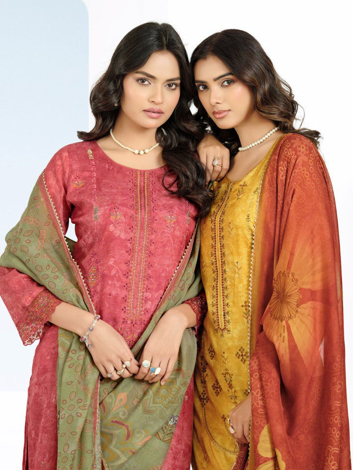 Cotton Printed & Embroidered Unstitched Suit Dupatta in Mustard & Rust