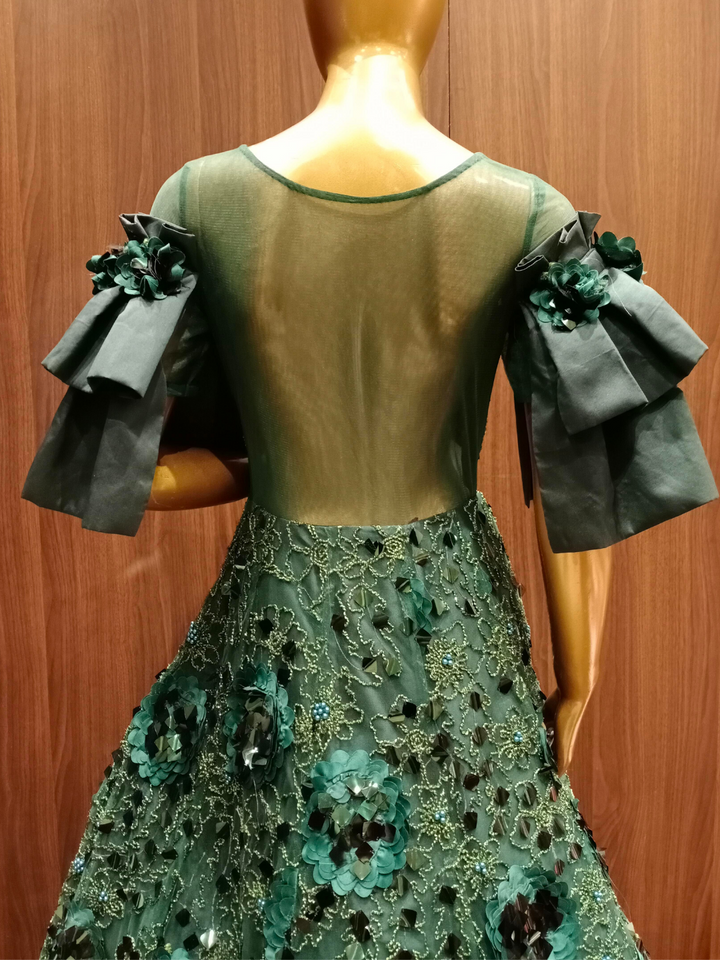 Green Cocktail Flared Sequence Gown with Stylised Ruffled Sleeves