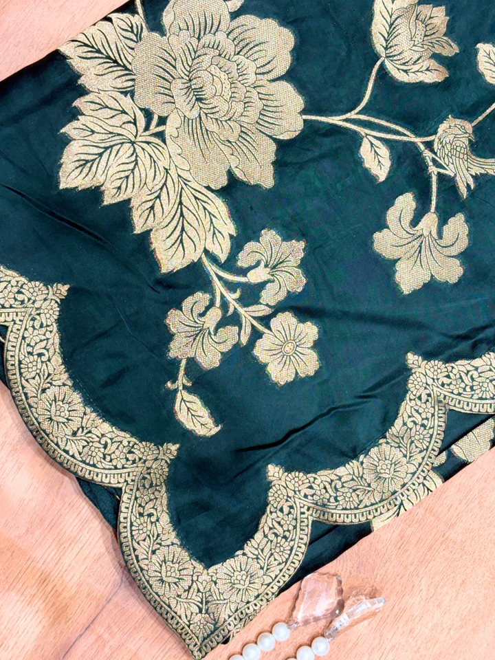 Teal Green Silk Golden Zari Woven Floral Saree with Scalloped Border