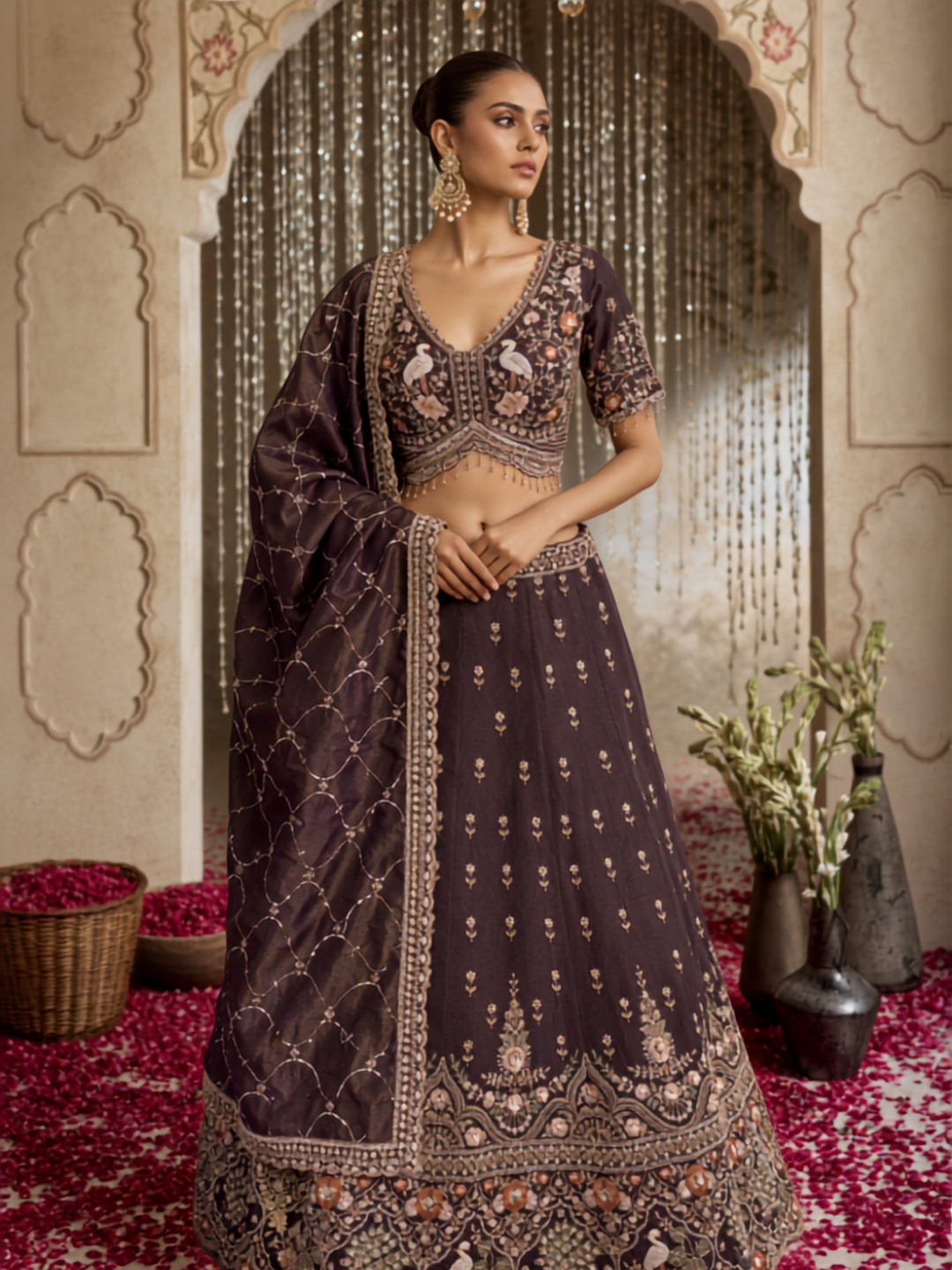 Silk Lehenga Choli with Zari & Resham Floral Embroidery, Crane Motif Blouse & Pearl Tassel Hem with Dupatta