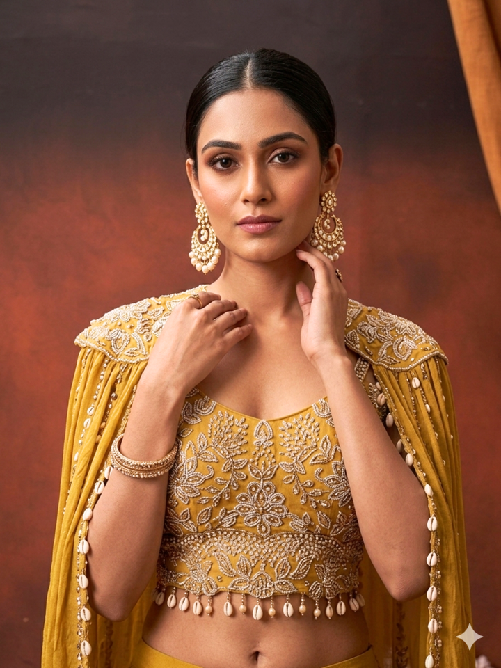 Silk Sequin & Mirror Embroidered Cape Blouse with Palazzo Set in Mustard