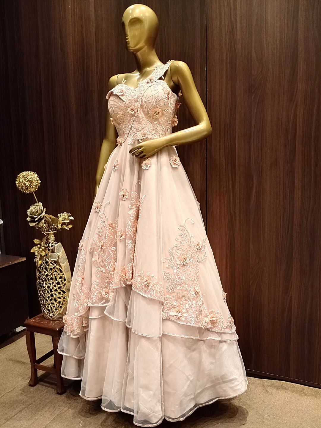Pastel Peach One Shoulder Layered Gown With Resham, Ribbon Embroidery