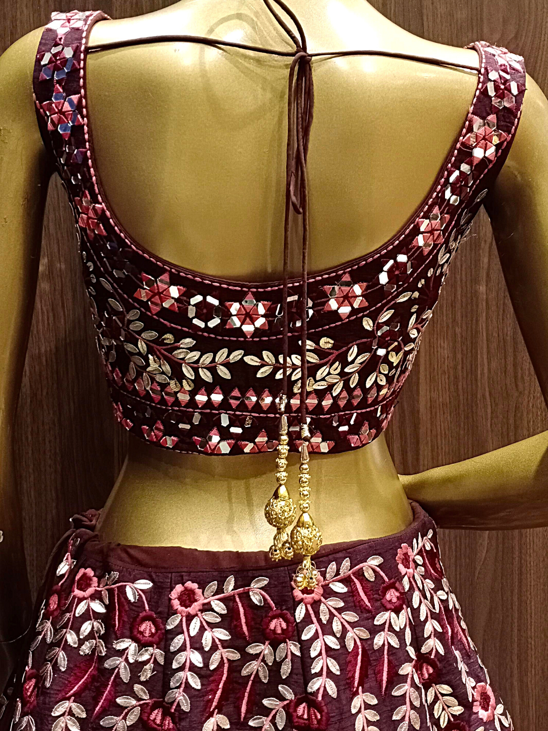 Wine Raw Silk Lehenga Set With Mirror Work, Sequence, Resham Embroidery