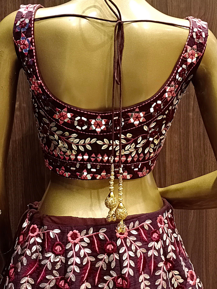 Wine Raw Silk Lehenga Set With Mirror Work, Sequence, Resham Embroidery