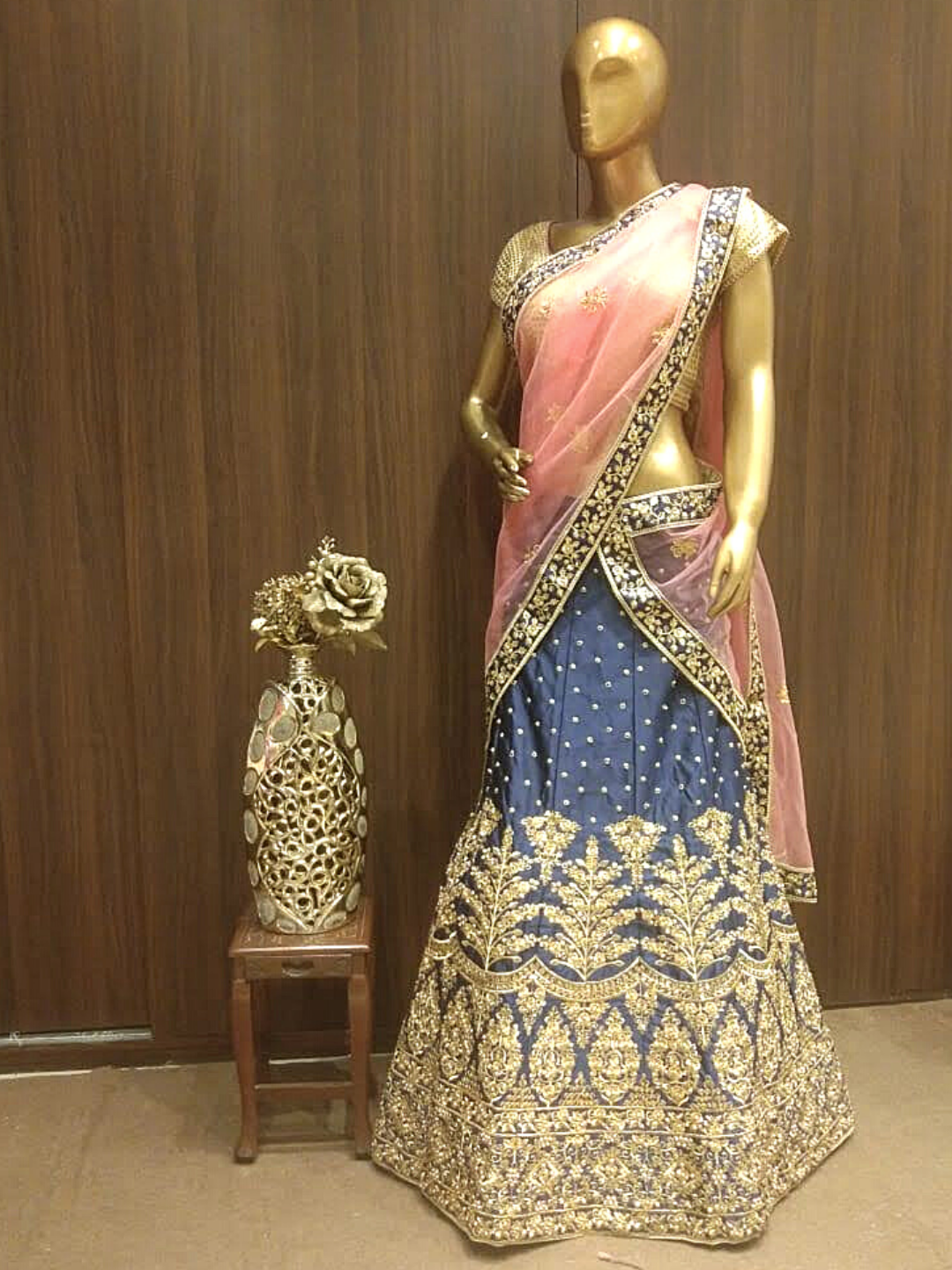 Deep Blue Semi-Stitched Silk Embellished Lehenga with Pastel Pink Dupatta