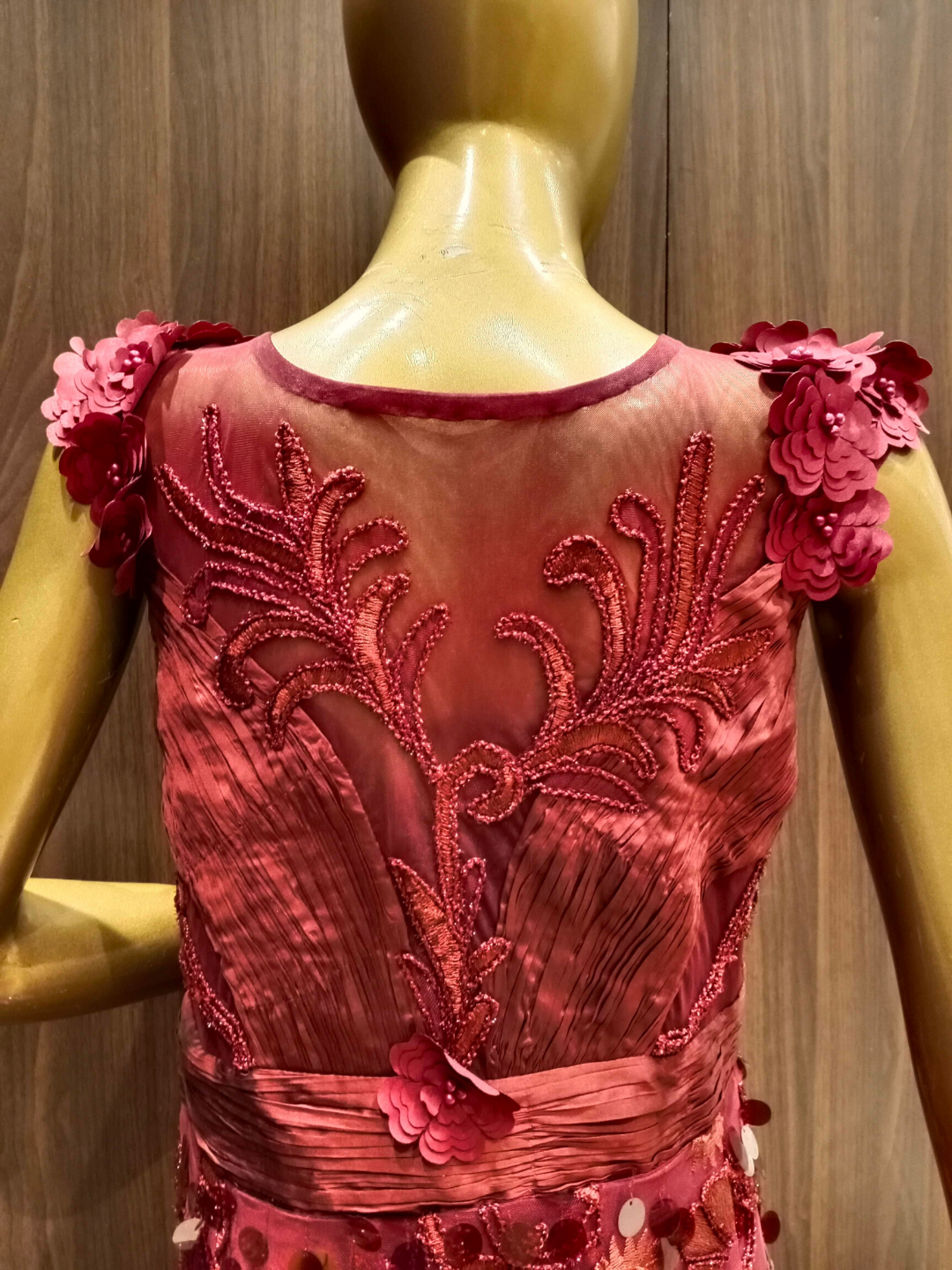 Maroon Embellished Net Gown with Pleating Ruching Neckline & Hand Sequence Embroidery