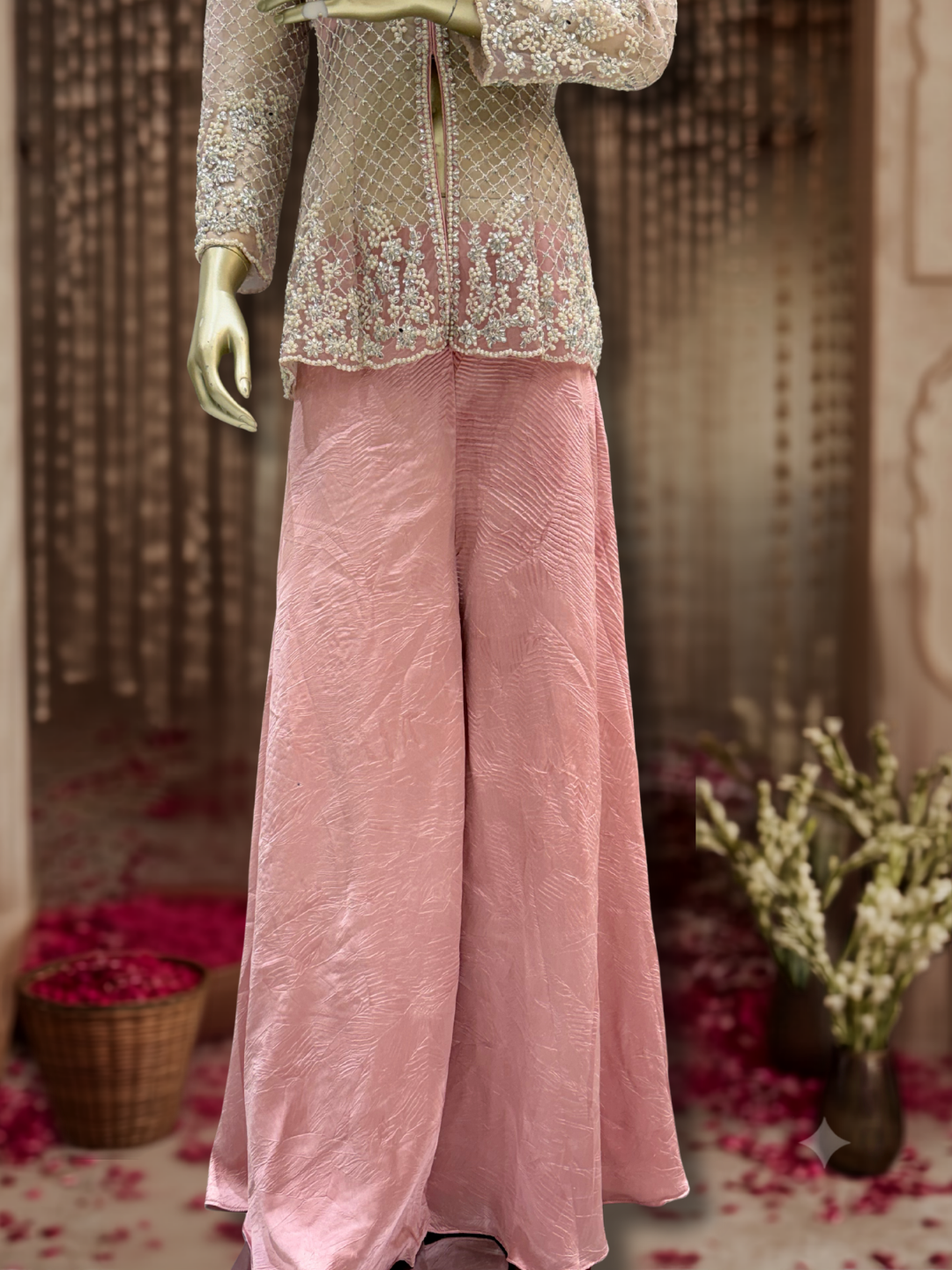 Pearl & Sequin Embroidered Jacket Blouse with Palazzo Set Dusty Pink