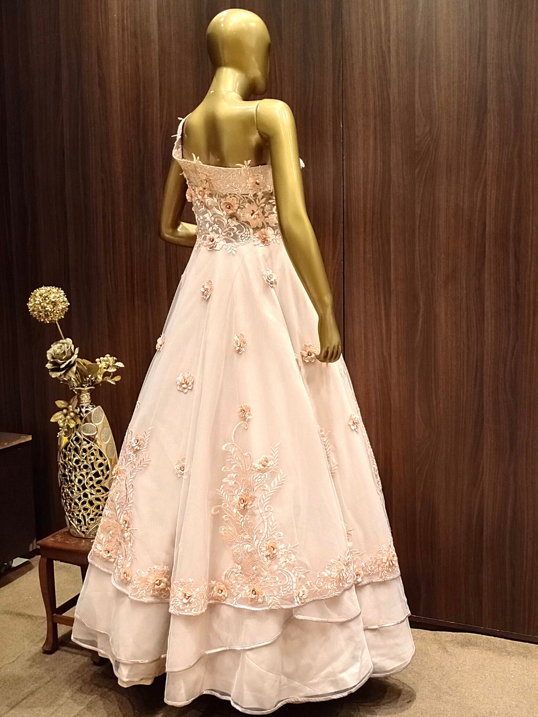 Pastel Peach One Shoulder Layered Gown With Resham, Ribbon Embroidery