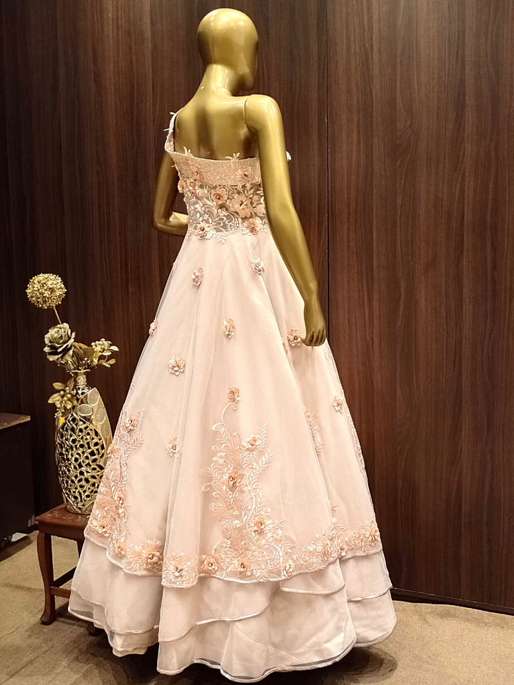 Pastel Peach One Shoulder Layered Gown With Resham, Ribbon Embroidery
