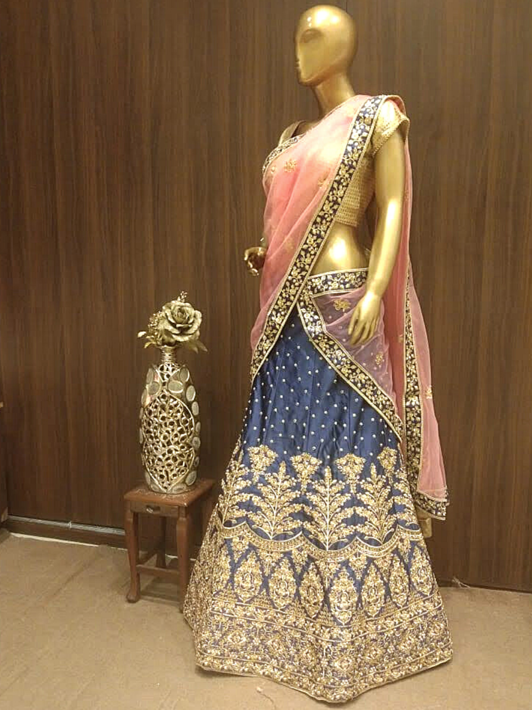 Deep Blue Semi-Stitched Silk Embellished Lehenga with Pastel Pink Dupatta