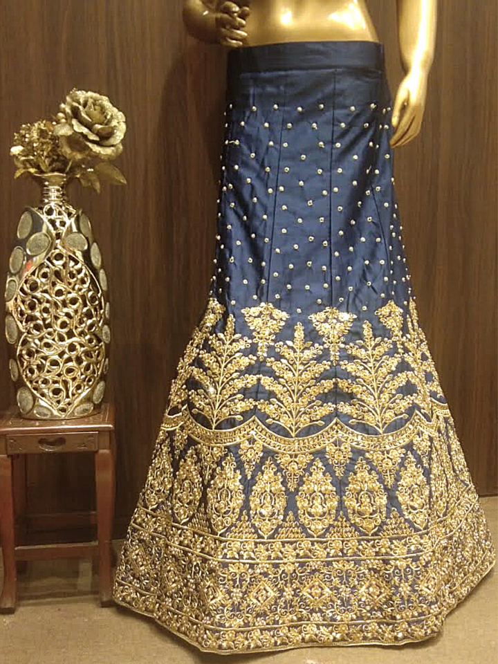 Deep Blue Semi-Stitched Silk Embellished Lehenga with Pastel Pink Dupatta