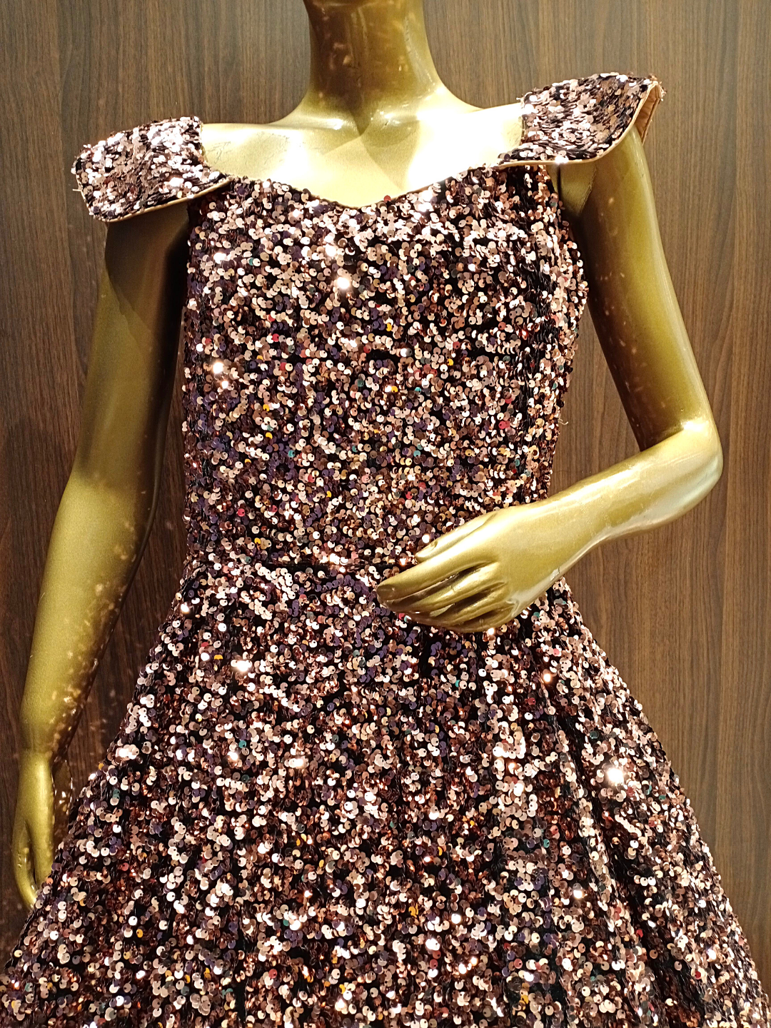 Metallic Brown Embellished Net Gown with Ruffled sleeves & Hand Sequence Embroidery