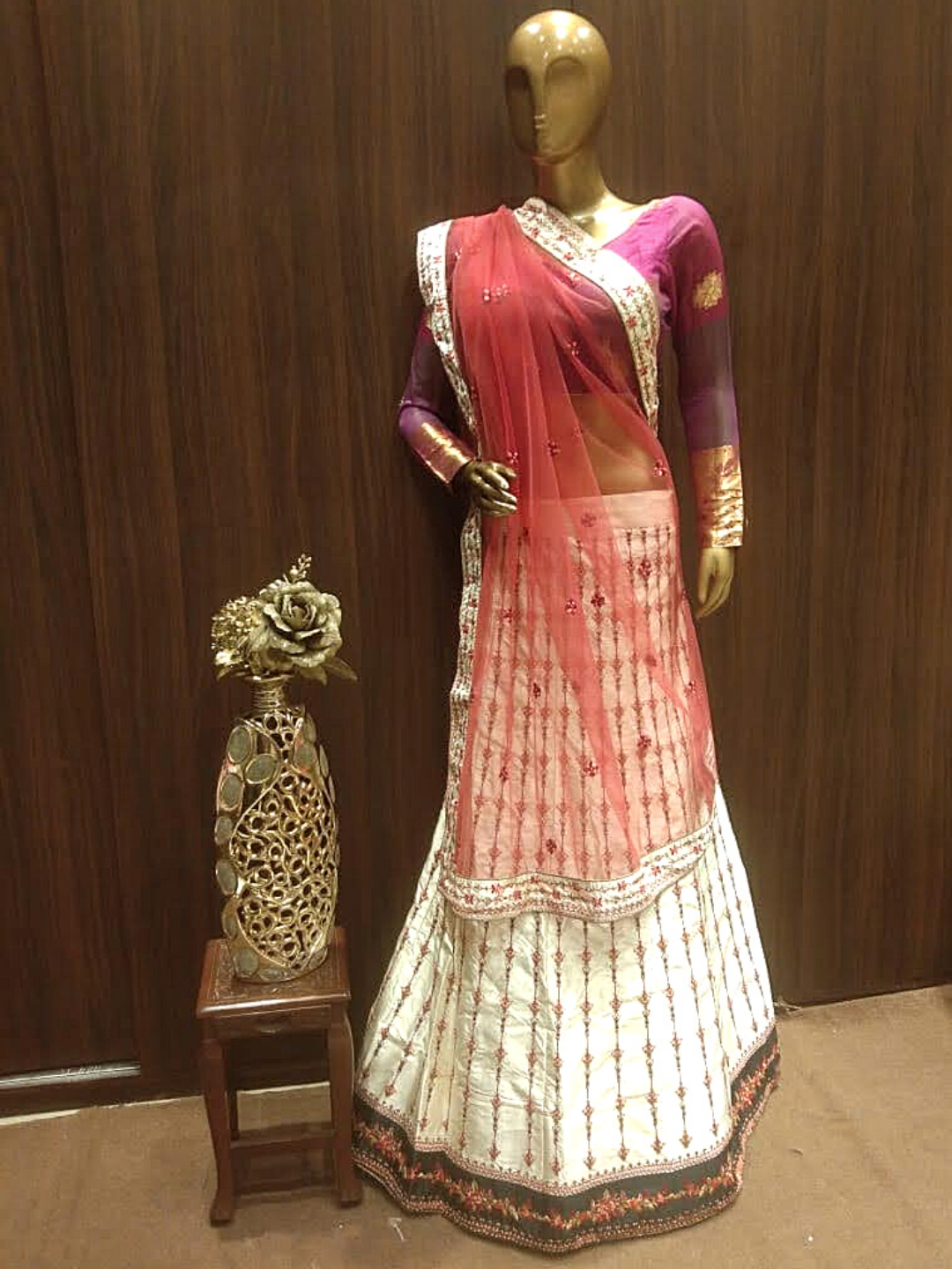 Cream Semi-Stitched Lehenga with Contrast Lehenga & Dupatta Border Embroidery