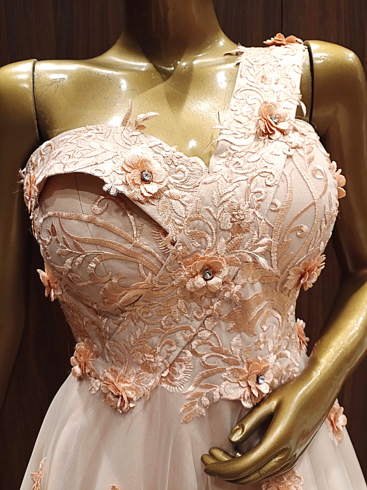 Pastel Peach One Shoulder Layered Gown With Resham, Ribbon Embroidery