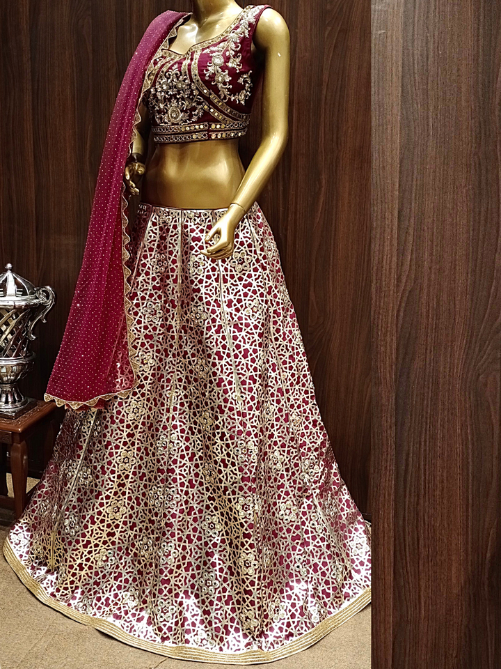 WIne Embellished Lehenga Set with Mirror, Resham, Sequence Embroidery