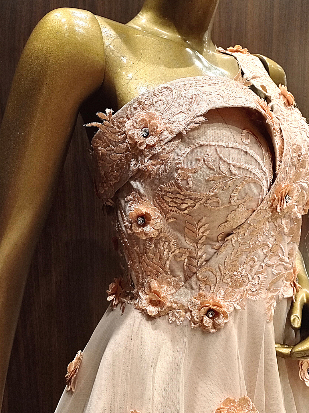 Pastel Peach One Shoulder Layered Gown With Resham, Ribbon Embroidery