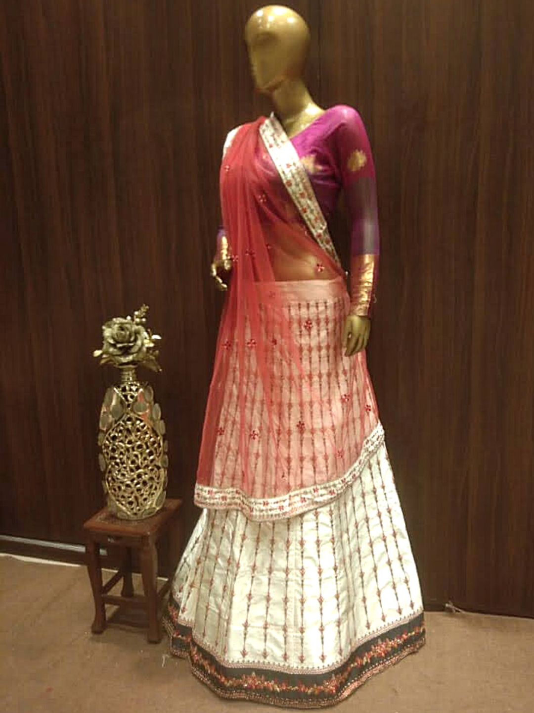Cream Semi-Stitched Lehenga with Contrast Lehenga & Dupatta Border Embroidery