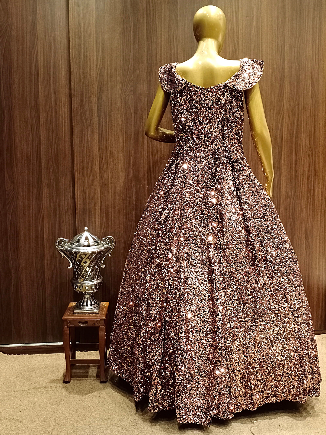Metallic Brown Embellished Net Gown with Ruffled sleeves & Hand Sequence Embroidery