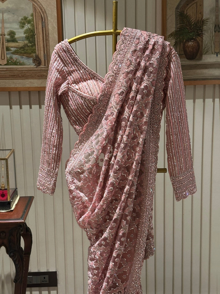 Pink Embroidered Net Saree