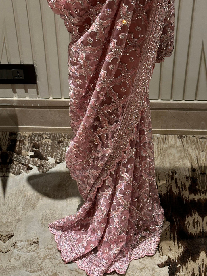 Pink Embroidered Net Saree