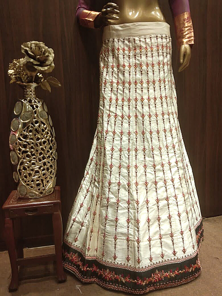 Cream Semi-Stitched Lehenga with Contrast Lehenga & Dupatta Border Embroidery
