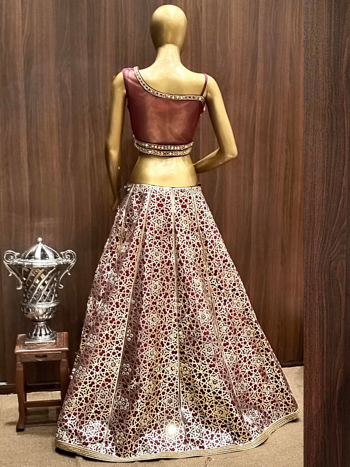 WIne Embellished Lehenga Set with Mirror, Resham, Sequence Embroidery