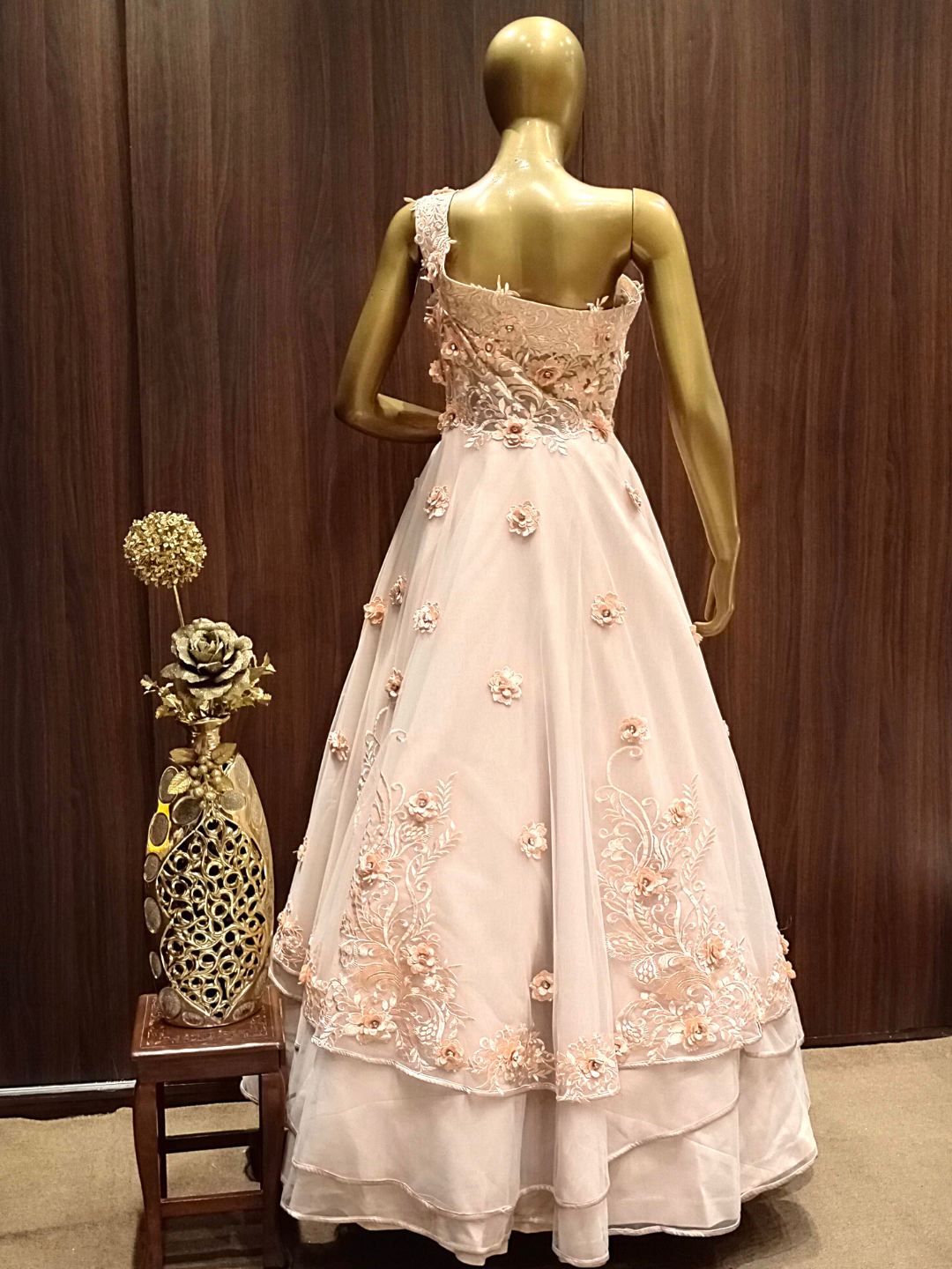 Pastel Peach One Shoulder Layered Gown With Resham, Ribbon Embroidery