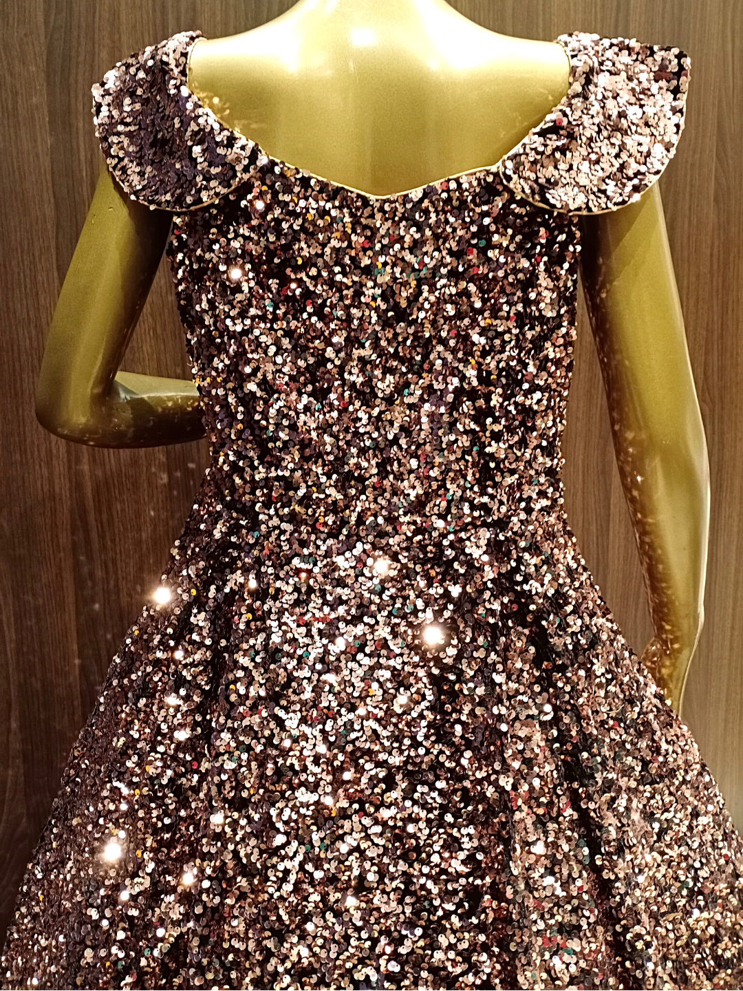 Metallic Brown Embellished Net Gown with Ruffled sleeves & Hand Sequence Embroidery